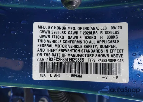 2020 Honda Civic Sport z USA, uszkodzony, nr VIN 19XFC2F85LE029385